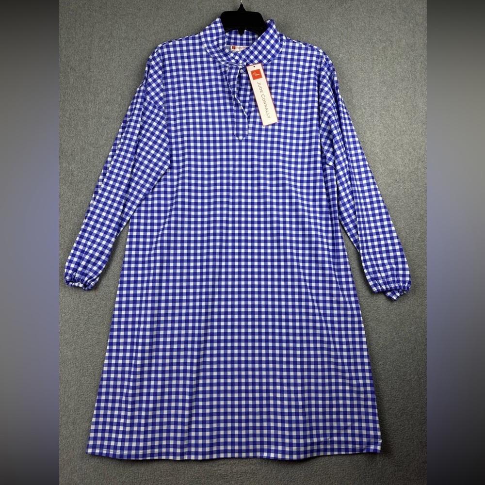 Jude Connally Blue and White Gingham Long Sleeve Shift Dress